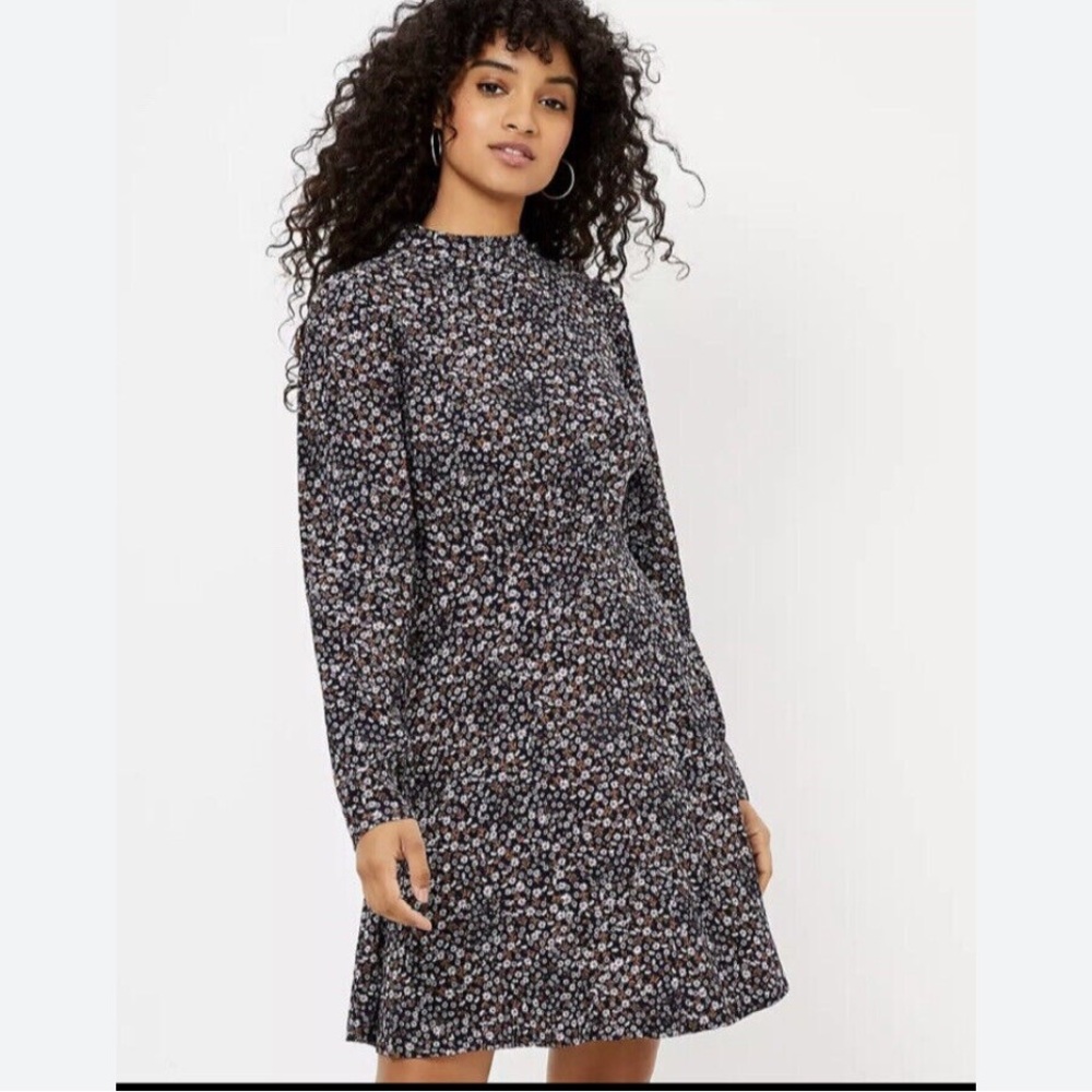 Loft Womens Navy Blue White Floral Long Sleeve Pullover Dress Size 8P